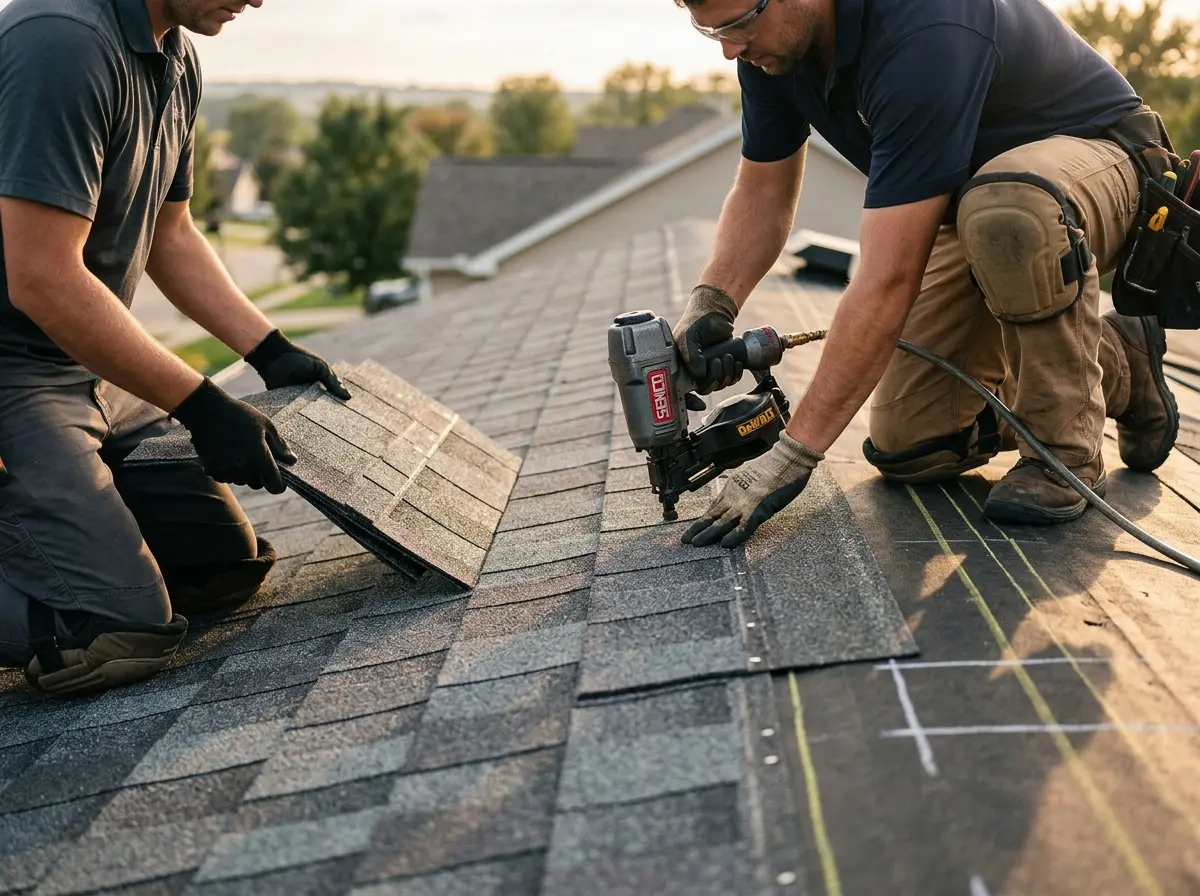 Professional roofer working on a residential roof in Grosse Ile